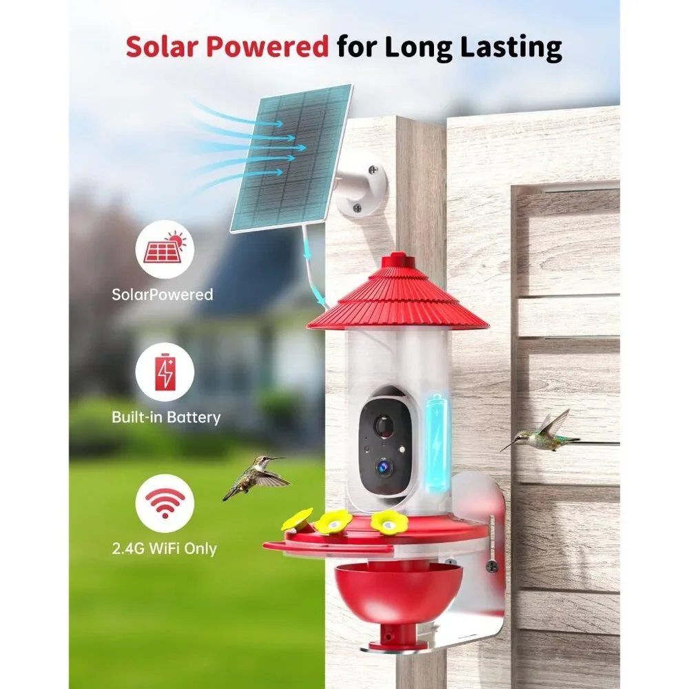 Smart Hummingbird Feeder with Camera Solar Powered for Outdoors IP66 Waterproof